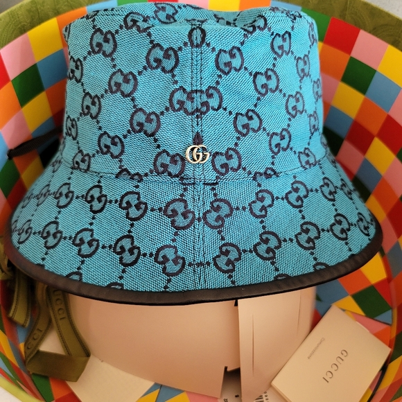 Gucci Bucket Hat Blue Canvas Small Size 56 - Picture 2 of 11